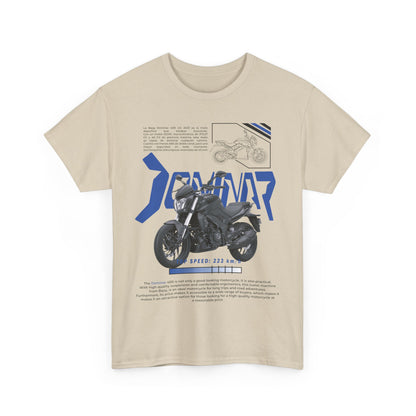 Stylish men's t-shirt featuring an artistic blue and black motorcycle print with modern typography, emphasising the spirit of adventure.