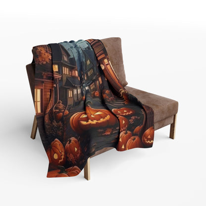 Chic Decorative and Warm Halloween Spooky Arctic Fleece Blanket displayed on a contemporary chair, adding a touch of elegance to Halloween decor.