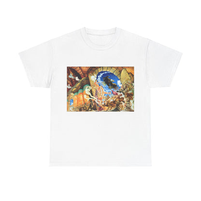 Discworld Small Gods Graphic Unisex T-Shirt in white, adorned with captivating illustrations from Terry Pratchett's Discworld, perfect for those who treasure artistry in fashion.