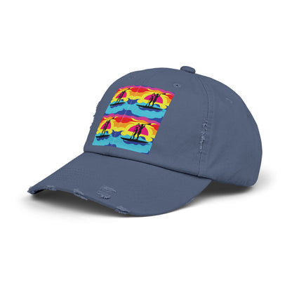 Unisex Distressed Paddleboarders Cap featuring a vibrant fantasy paddleboarding design, perfect for sun protection and stylish outdoor adventures.