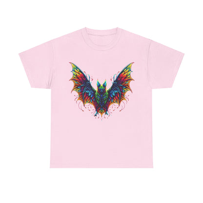 Radiant Evolution Bat Tee - Unisex cotton graphic t-shirt featuring a captivating bat illustration in bright rainbow shades, set against a soft pink hue for a refined aesthetic.