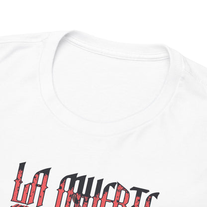 Close-up view of the La Muerte t-shirt neckline showcasing the intricate gothic font design in bold red printed text.