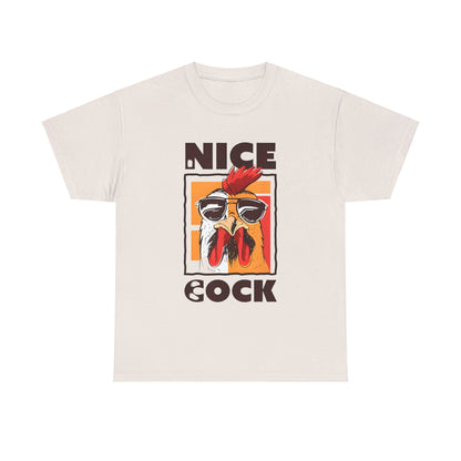 Unisex Nice Cock Graphic Tee in cream featuring a vibrant cartoon chicken design with dark sunglasses, crafted from soft cotton for a luxurious feel.