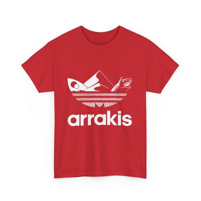 Front view of the Arrakis Dune Graphic T-Shirt in striking red, featuring an intricate graphic design that captures the essence of fantasy art.