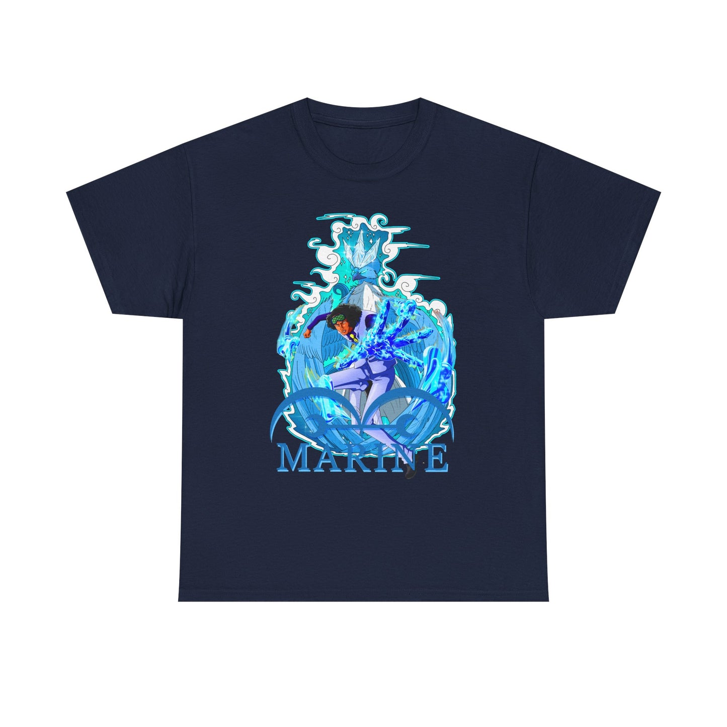 Sophisticated navy men's T-shirt embellished with an exquisite marine anime illustration and the word 'MARINE' in bold blue, a must-have for discerning anime lovers.