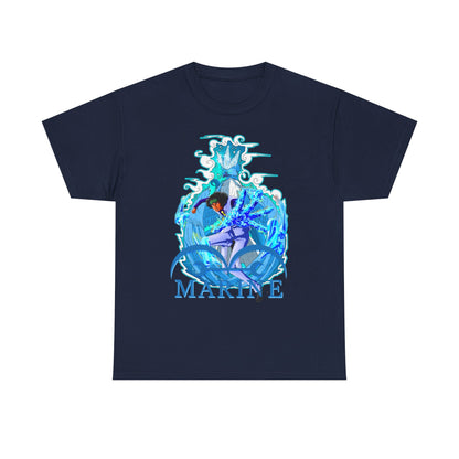 Sophisticated navy men's T-shirt embellished with an exquisite marine anime illustration and the word 'MARINE' in bold blue, a must-have for discerning anime lovers.
