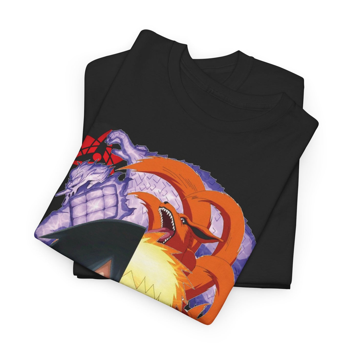 Elegant folded black T-shirts featuring intricate anime artwork of Sasuke Uchiha and Naruto Uzumaki, showcasing the dynamic storytelling of their rivalry.