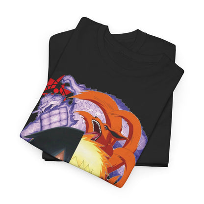 Elegant folded black T-shirts featuring intricate anime artwork of Sasuke Uchiha and Naruto Uzumaki, showcasing the dynamic storytelling of their rivalry.