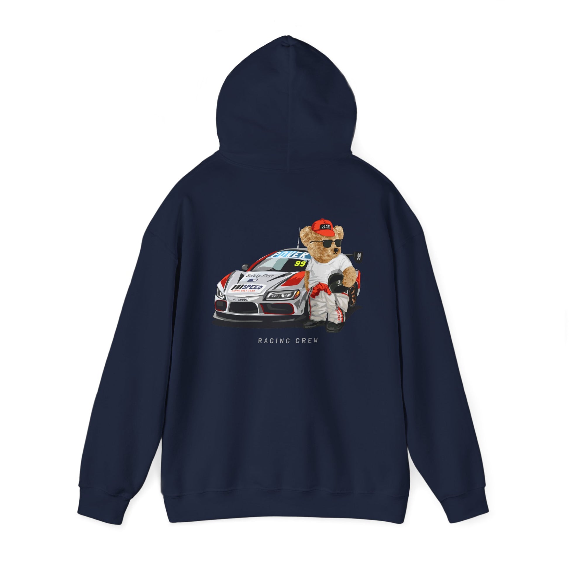Chic hoodie in navy showcasing a whimsical teddy bear racer design, highlighted by a sleek racing car, blending fun with luxury for modern fashion.