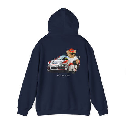 Chic hoodie in navy showcasing a whimsical teddy bear racer design, highlighted by a sleek racing car, blending fun with luxury for modern fashion.