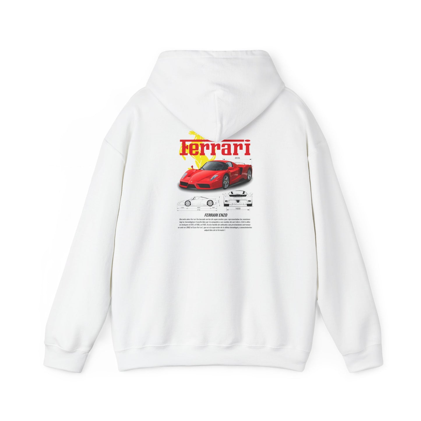 Ferrari Enzo back print hoodie featuring luxury car design in vibrant colours, perfect for car enthusiasts.