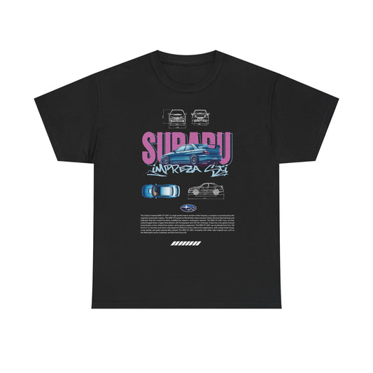 Chic black T-shirt adorned with a vivid graphic of the 2001 Subaru WRX STI, highlighting its dynamic silhouette against a purple backdrop. A luxurious choice for fans of high-performance automobiles.