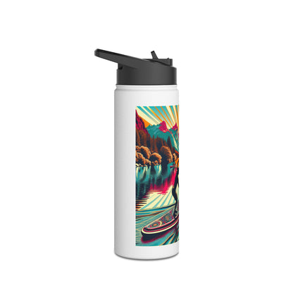 Luxury Fantasy Paddleboarding Stainless Steel Water Bottle featuring a vibrant design of a paddleboarder against a scenic landscape with mountains and sun rays.