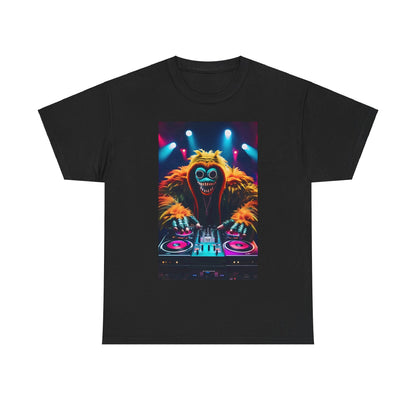 Street Monster Graphic T-Shirt featuring a vibrant DJ monster design, perfect for urban streetwear enthusiasts.