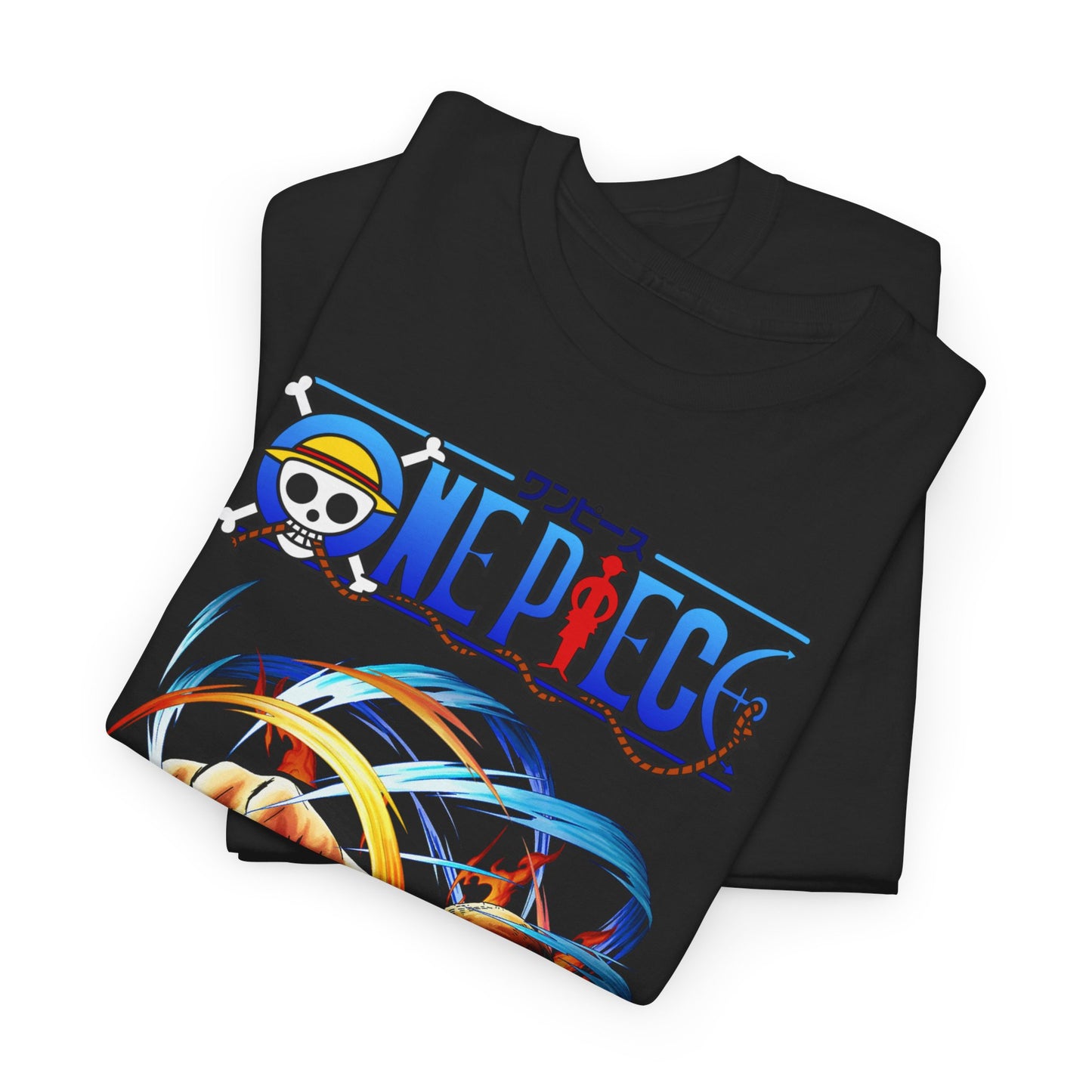 Luxurious black t-shirt folded showcasing vibrant 'One Piece' graphic design featuring intricate colours and a dynamic pirate image, perfect for stylish adventures.