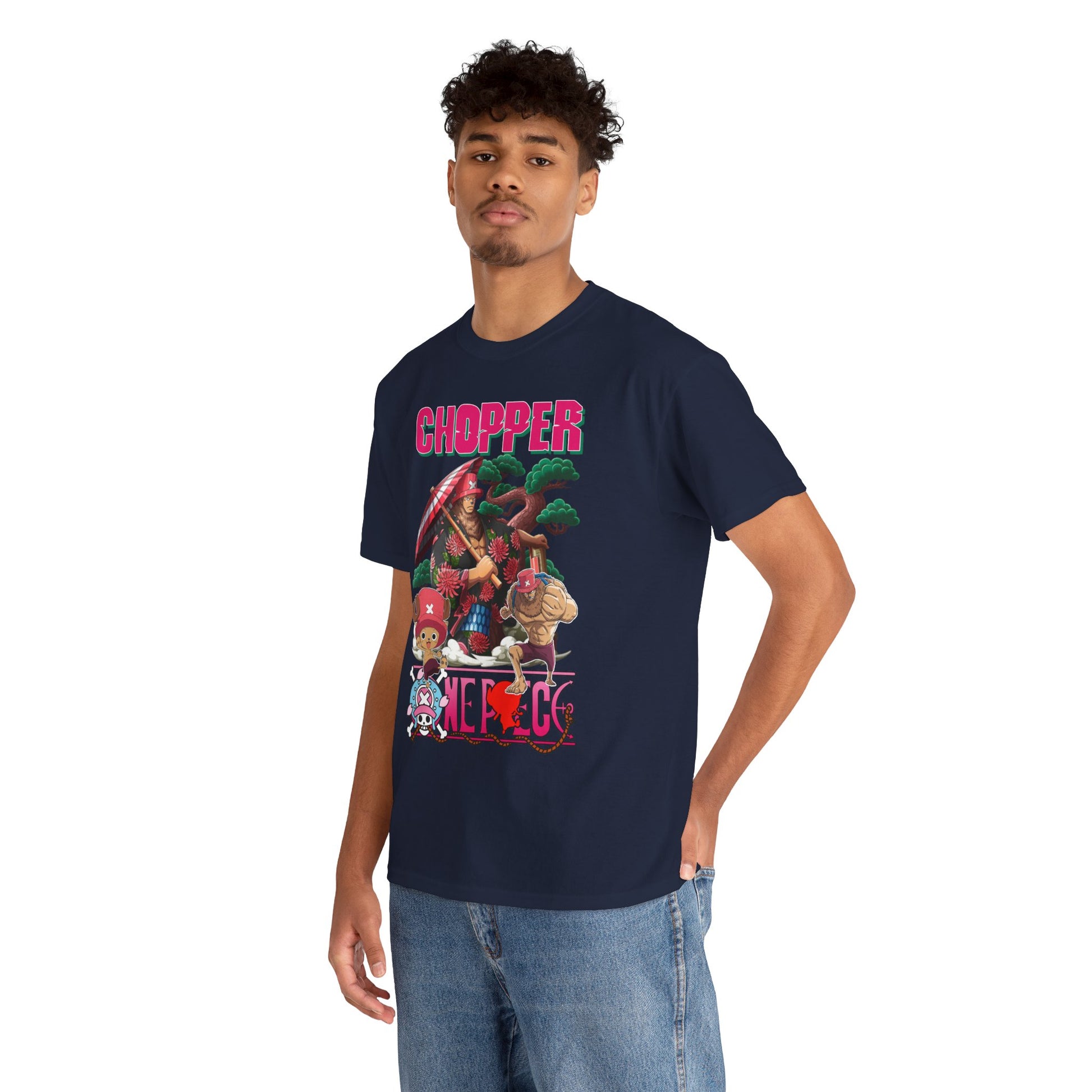 Fashionable male model wearing a navy blue graphic t-shirt with Chopper art, embodying a blend of casual sophistication and anime culture.