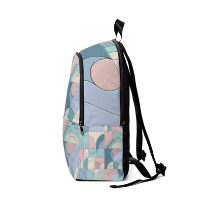 Pastel Paradise Geometric Design Backpack by Dazzling Dreams Studio in soft baby blue, pink, lilac, mint, and peach colours, showcasing its stylish geometric pattern ideal for modern aesthetics.