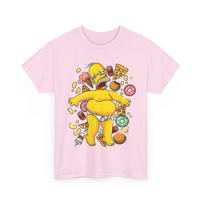 Homer's Gluttonous Glory Unisex Cotton Tee Graphic T Shirt in soft pink, featuring a playful illustration of Homer Simpson amidst a feast of indulgent food treats.
