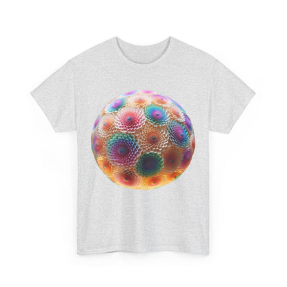 Iridescent Floral Sphere Unisex Cotton Tee Graphic T Shirt displayed flat, highlighting the unique floral sphere print on a grey fabric, ideal for a fashionable wardrobe.