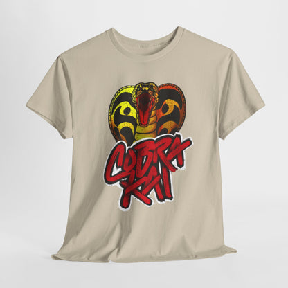 Luxurious unisex graphic T-shirt featuring the iconic Cobra Kai emblem, showcasing a striking design with a coiled snake and bold typography, perfect for fans of martial arts and retro humour.