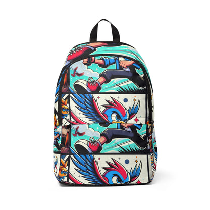 Contemporary Abstract Harmony Fusion Backpack by Dazzling Dreams Studio, featuring vibrant pop art characters and modern motifs, ideal for art lovers seeking luxury in everyday accessories.