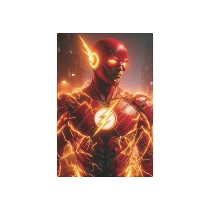 The Flash Metal Art Poster featuring a close-up of the iconic superhero in a stunning red suit with electric details, crafted from sleek matte aluminum for an elegant decor accent.