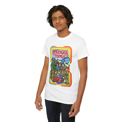 Luxurious unisex Stranger Things graphic t-shirt featuring vibrant retro arcade design, showcasing iconic characters and elements from the cult classic series for a timeless style.