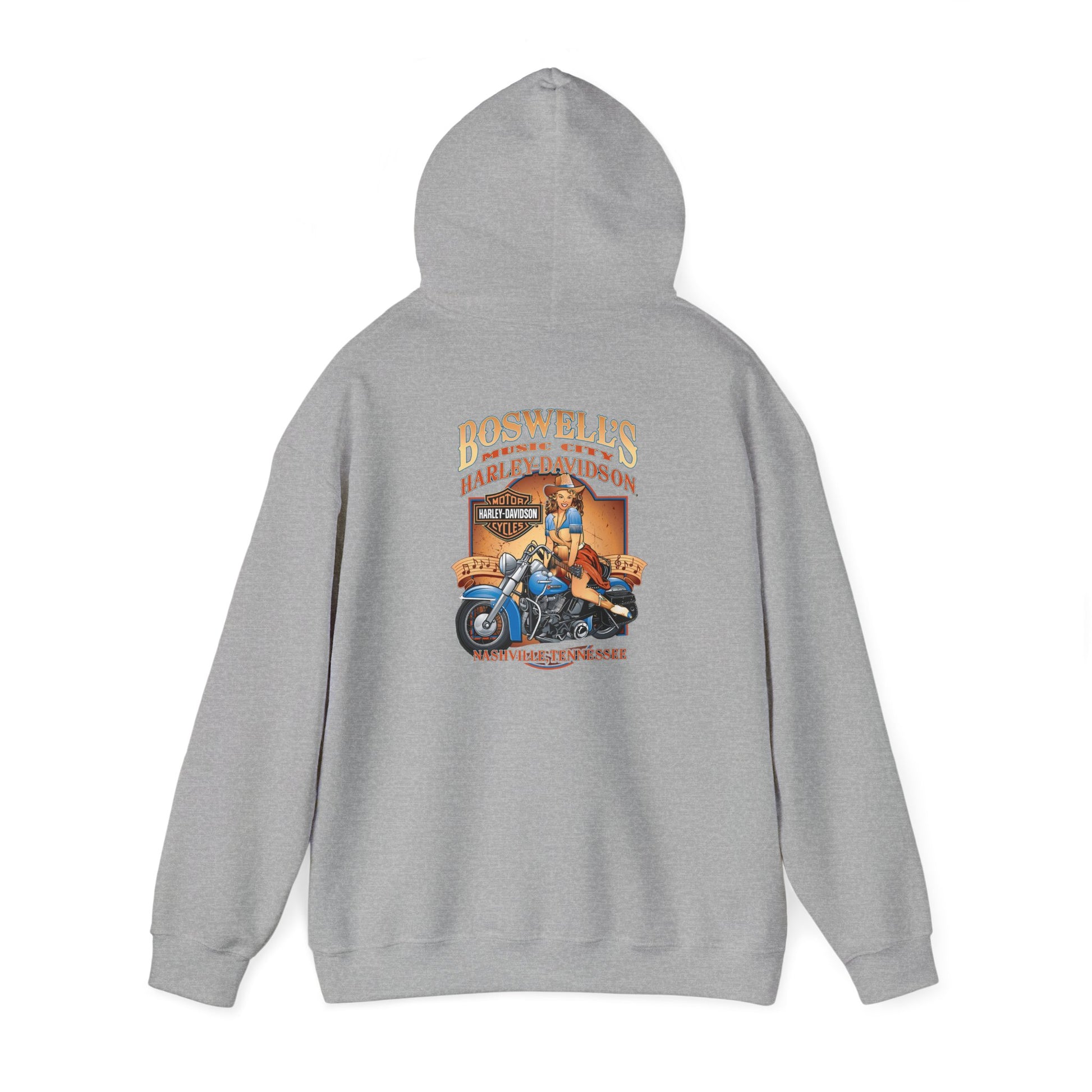 Rear view of a premium grey hoodie with intricate artwork of a pin-up girl on a motorcycle, celebrating Nashville's heritage.