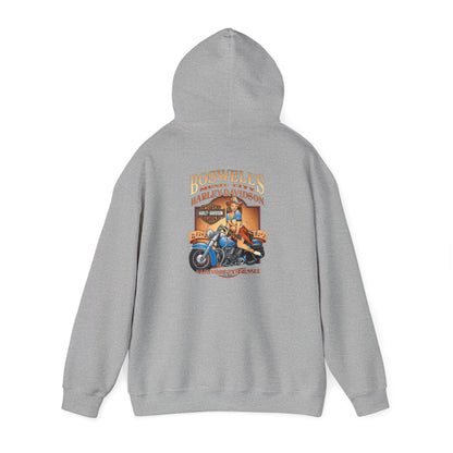 Rear view of a premium grey hoodie with intricate artwork of a pin-up girl on a motorcycle, celebrating Nashville's heritage.