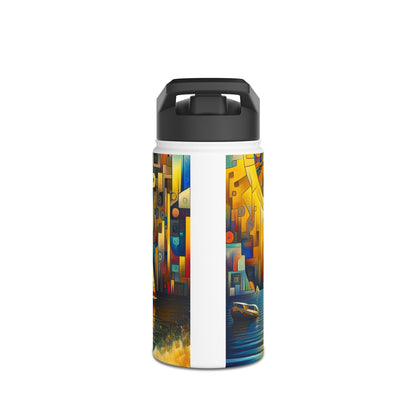 Fantasy Paddleboarding Stainless Steel Water Bottle featuring an artistic design of lively colours and paddleboarding scene, ideal for luxury outdoor enthusiasts.