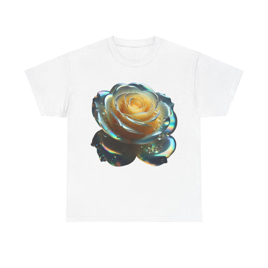 Ethereal Rose Tee Unisex Cotton Graphic T-Shirt showcasing a beautifully rendered rose with shimmering droplets against a crisp white background, epitomising elegance and artistry.