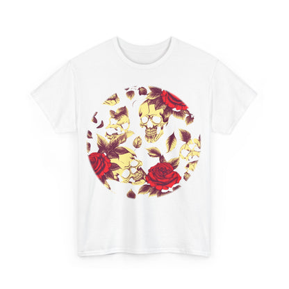 Front view of the Skulls and Roses Cotton Tee in white, showcasing an elegant skull and rose design that adds a bold statement to any outfit.