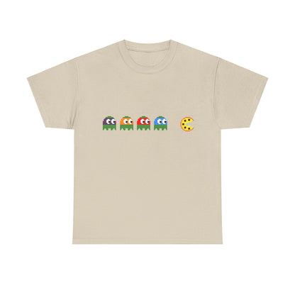 Teenage Mutant Ninja Turtles Pizza Pacman Graphic Unisex Tee Shirt in beige, designed with pixel art ghosts and a pizza icon, merging classic gaming culture with contemporary style.