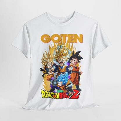 Elegant white GOTEN T-shirt featuring bold Dragon Ball Z graphics, ideal for anime enthusiasts seeking stylish apparel.