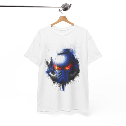 Luxurious white graphic t-shirt featuring a striking blue and orange helmet design, artistically embellished with splatter effects, embodying a bold urban style, perfect for fashion-forward individuals.