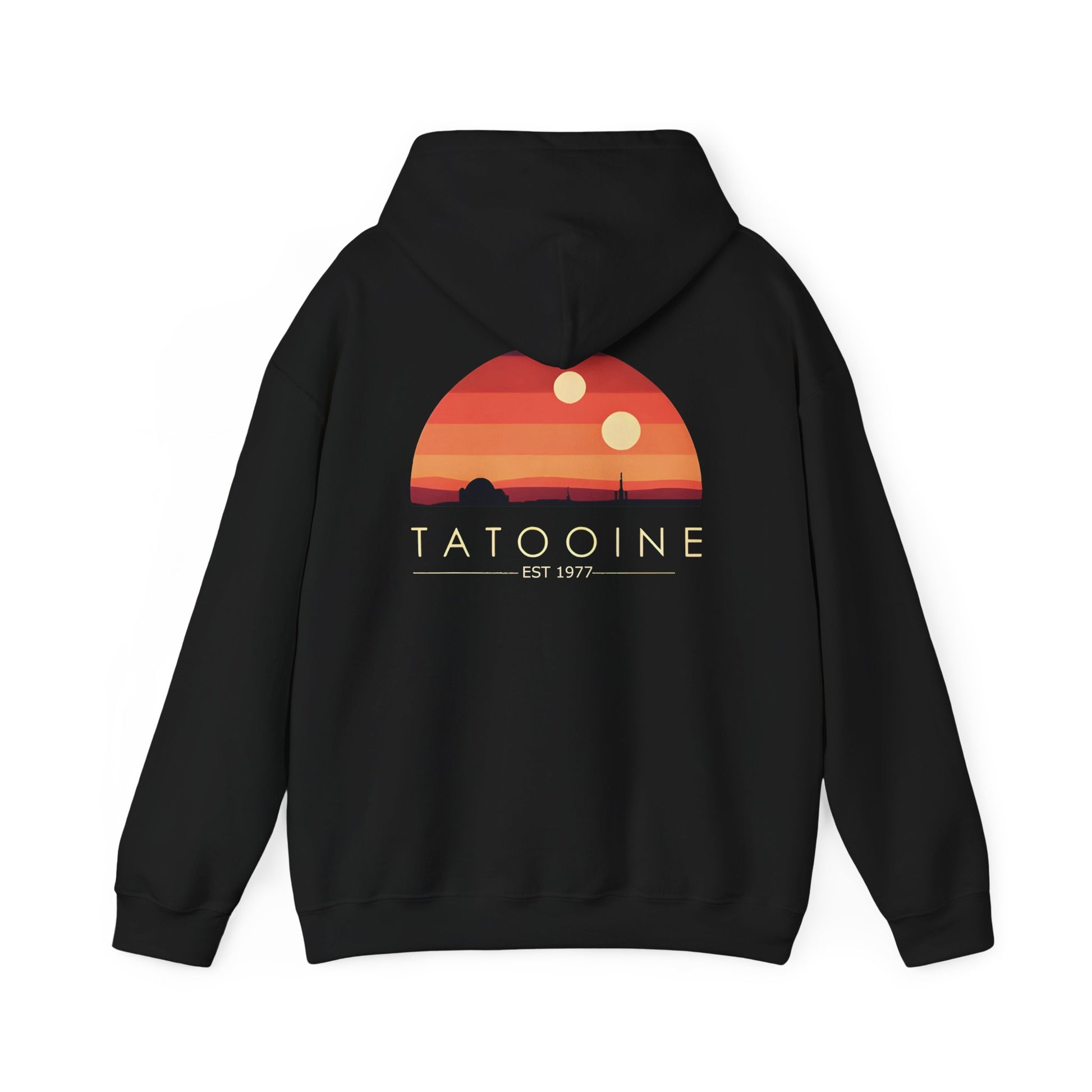 Silhouette of the desert landscape on the Stunning Tatooine Sunset Back Print Hoodie, featuring iconic structures that inspire imagination and storytelling.