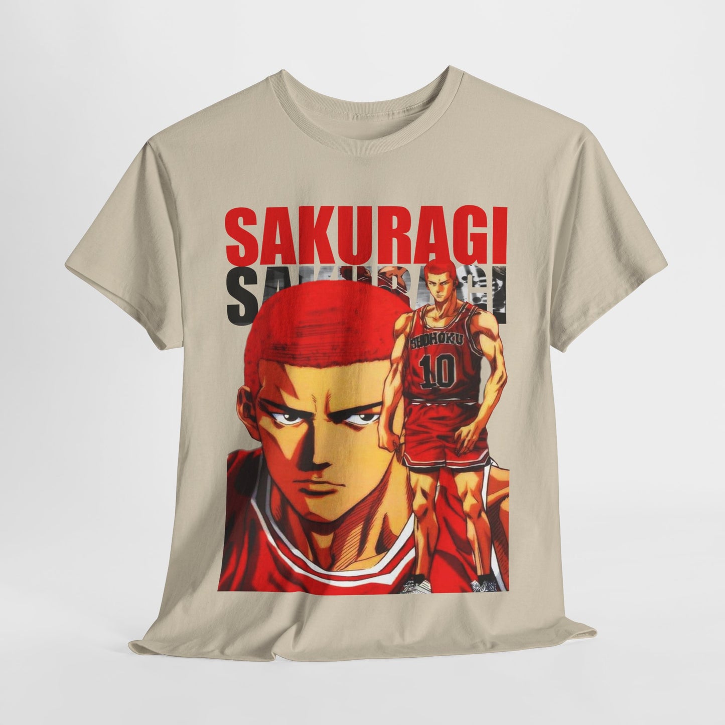 Sakuragi anime t-shirt elegantly draped, presenting a dynamic and fashionable homage to Slam Dunk, ideal for stylish casual wear.
