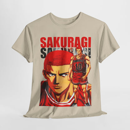 Sakuragi anime t-shirt elegantly draped, presenting a dynamic and fashionable homage to Slam Dunk, ideal for stylish casual wear.