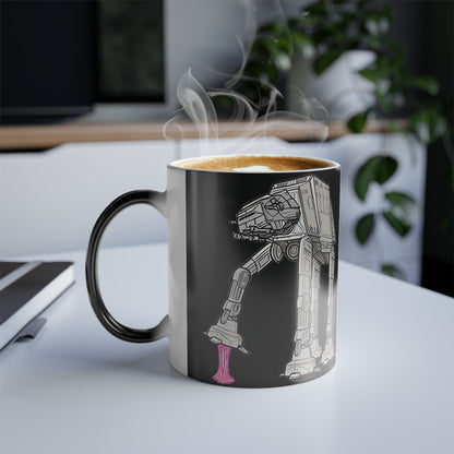 Rebel Gum Star Wars Heat Change Coffee Mug featuring a whimsical AT-AT design, steam rising from coffee, showcased in a classy office setting.