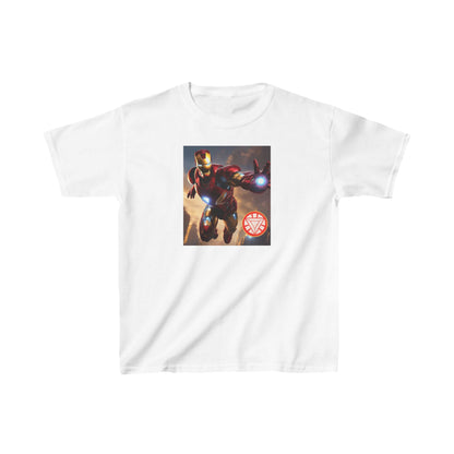 Kids Iron Man Heavy Duty T-Shirt with Hulk Graphic, featuring Iron Man soaring in action against a stunning background.