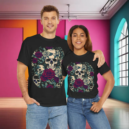 Elegant Skulls and Roses Cotton Tee in black, showcasing an eye-catching design with skulls and roses, modeled by a diverse couple in a chic indoor environment.
