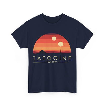 Tatooine Graphic Unisex Tee Shirt in navy, featuring a beautiful sunset design and 'TATOOINE EST 1977' text, ideal blend of sophistication and fandom.