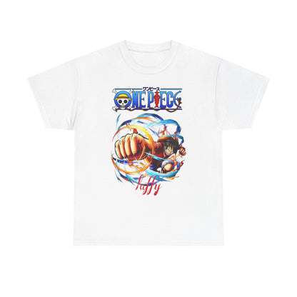 Stylish white men's t-shirt featuring an intricate graphic design inspired by adventure, showcasing a vibrant illustration of a character from an epic tale, perfect for casual and fan wear.