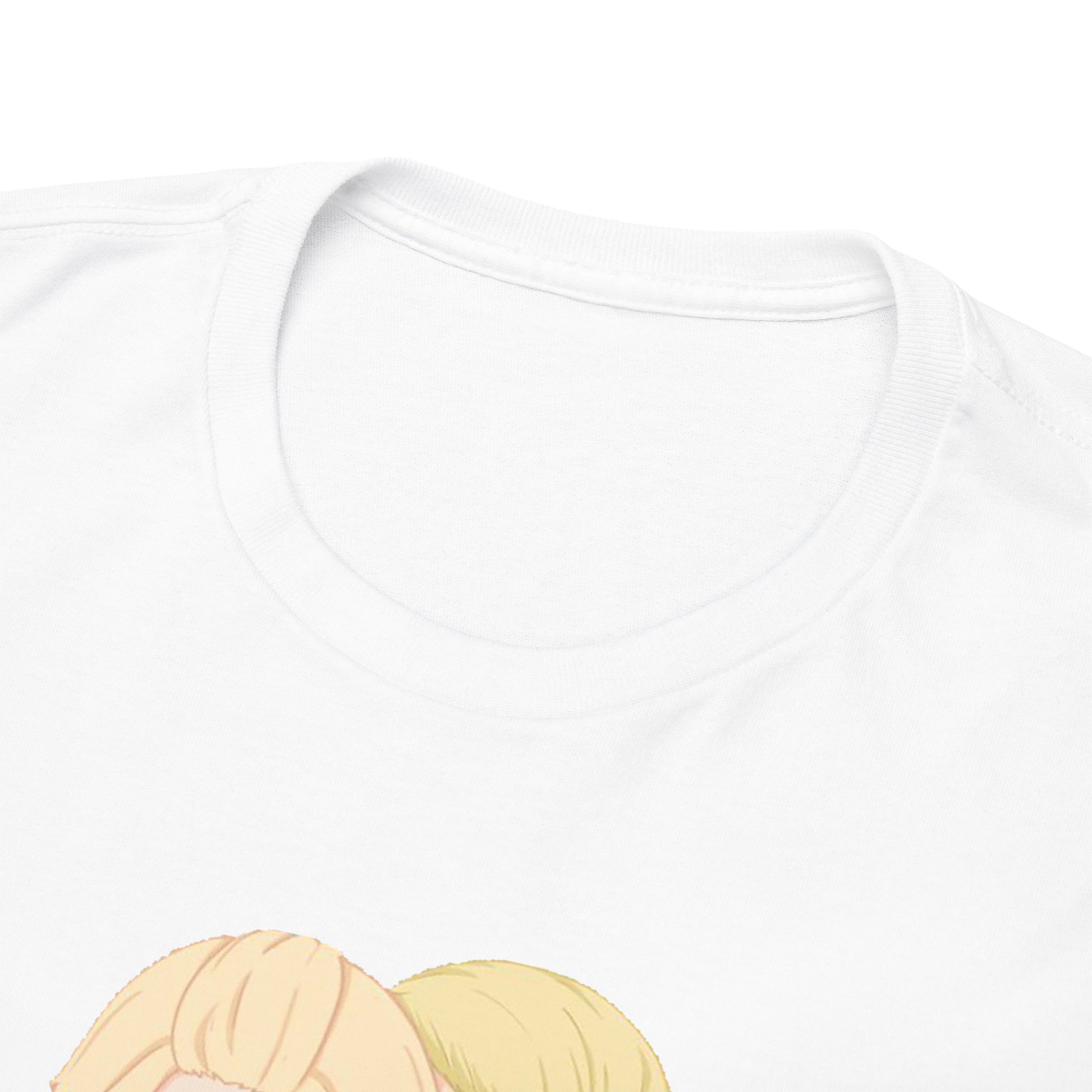 Close-up view of a high-quality Tokyo Revengers t-shirt neckline, adorned with charming character illustrations, showcasing meticulous craftsmanship and design.