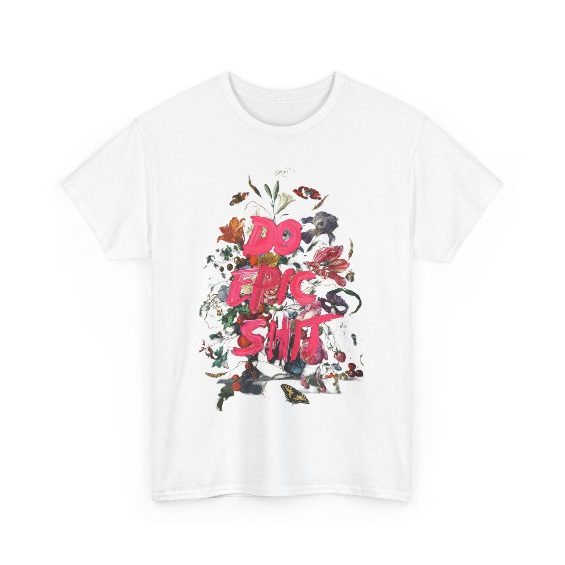 Chic white unisex t-shirt adorned with an intricate floral print and the message 'DO EPIC SHIT', ideal for contemporary fashion enthusiasts.