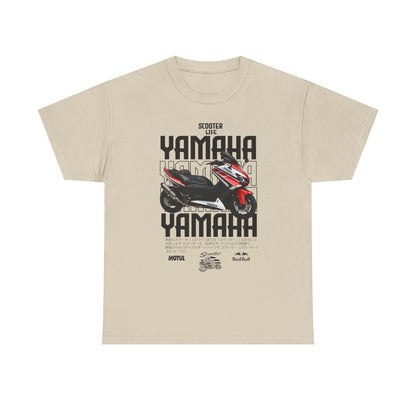 Chic YAMAHA Scooter Life Men's T-Shirt in soft beige, showcasing bold graphic elements and scooter art, ideal for stylish riders.