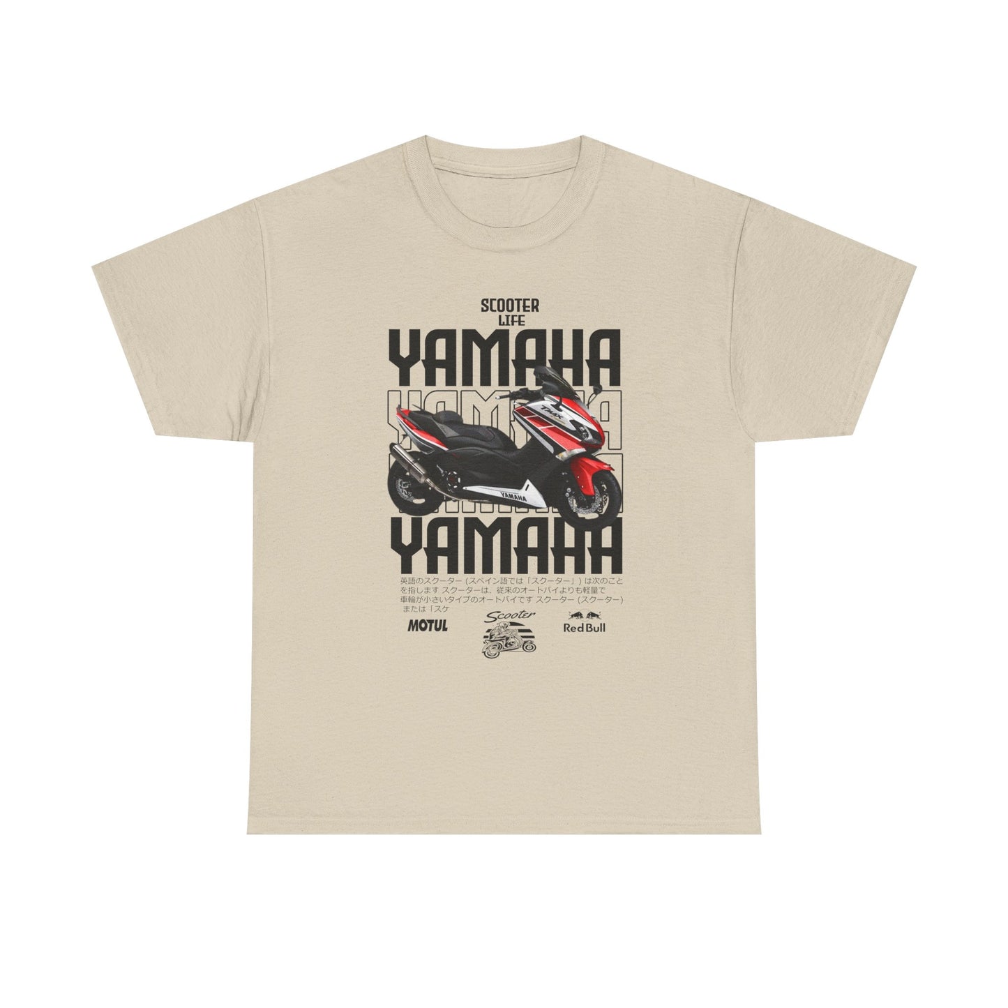 Elegant YAMAHA Scooter Life Men's T-Shirt in beige, adorned with striking scooter imagery and vibrant graphics, ideal for a trendy casual look.