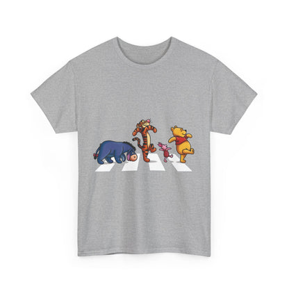 Artistic front view of the Pooh and Friends Abbey Road Graphic T-Shirt featuring beloved characters in a stylish, iconic design, ideal for playful fashion enthusiasts.