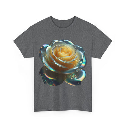 Front view of The Ethereal Rose Tee Unisex Cotton Graphic T-shirt featuring a stunning stylized rose design with iridescent details on a heather grey background.