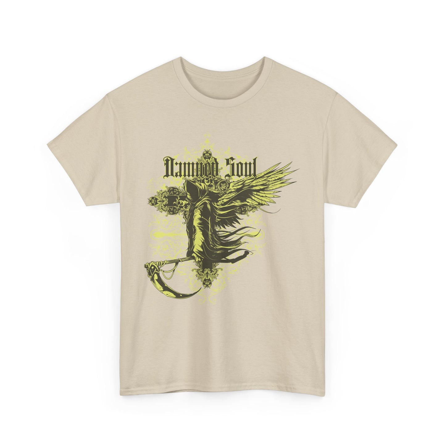 Artistic front view of the Intricate Grim Reaper Men's T-Shirt featuring a gothic graphic design with the phrase 'Damned Soul' in striking detail.